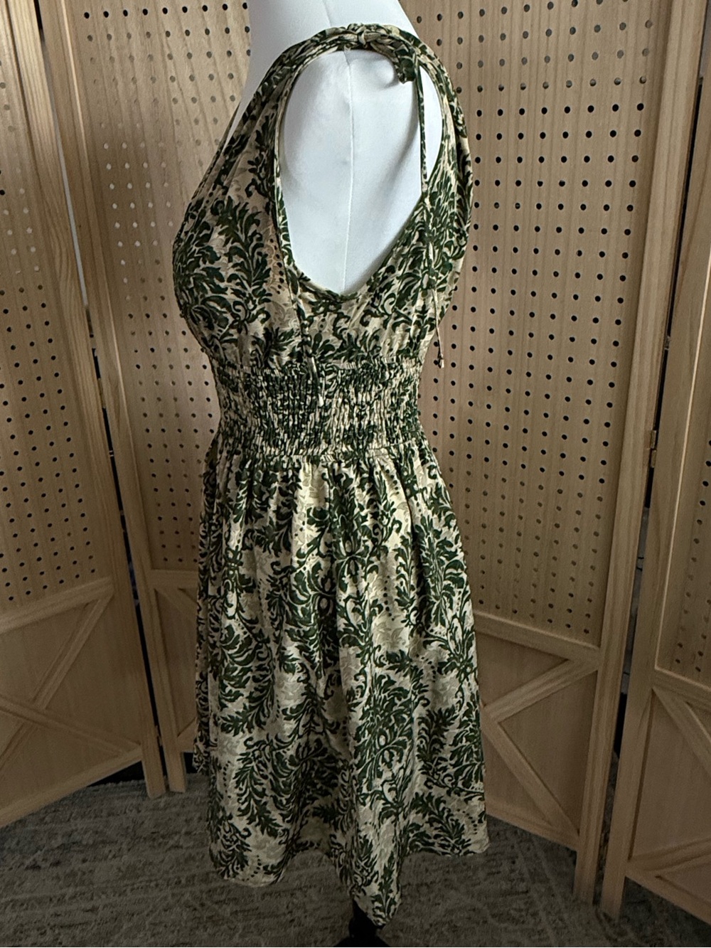 Cupshe Green and Cream Tie-Shoulder Smocked Mini Dress - Picture 2 of 4